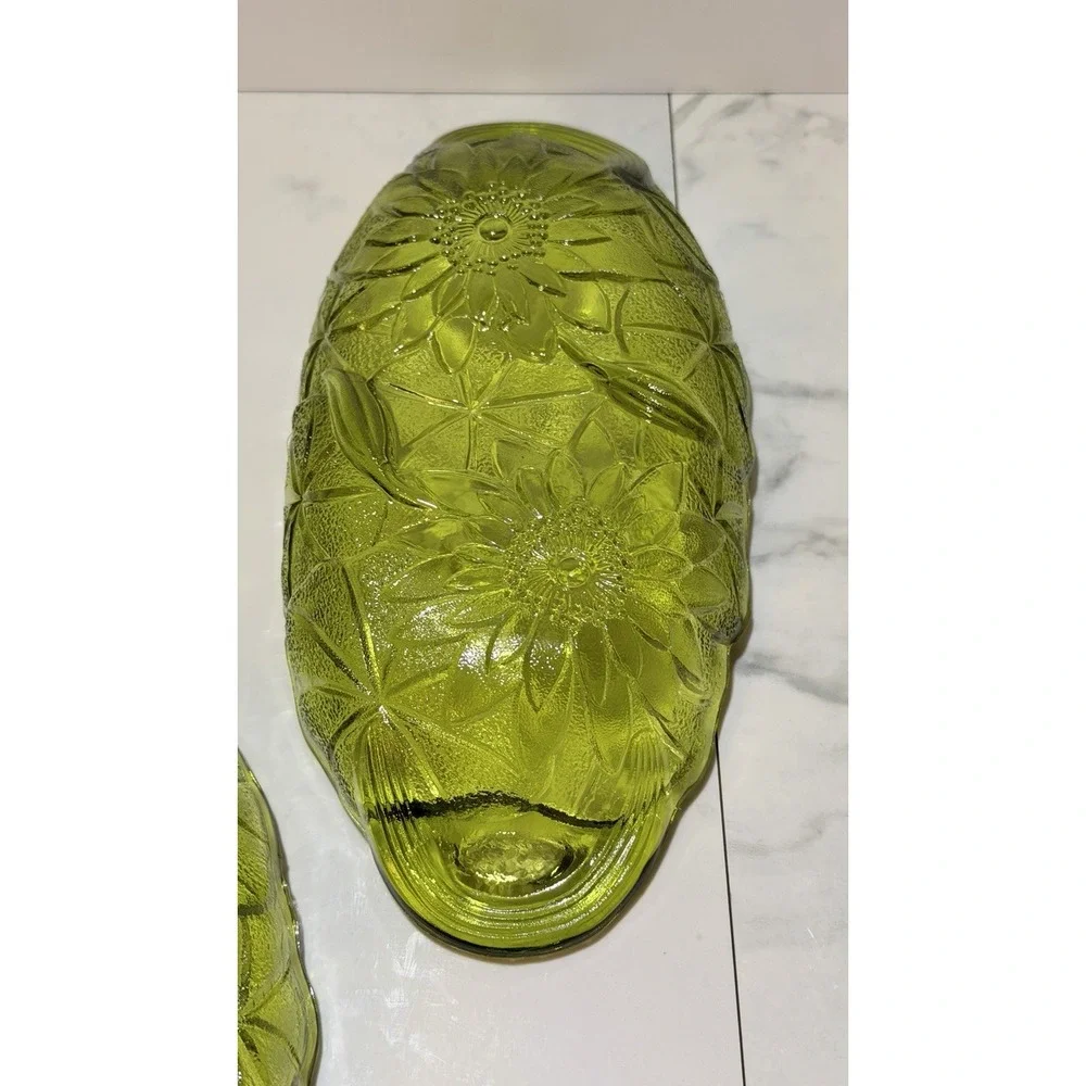 2 Avocado Green Serving  Glass Dish Sunflower Pattern Celery
